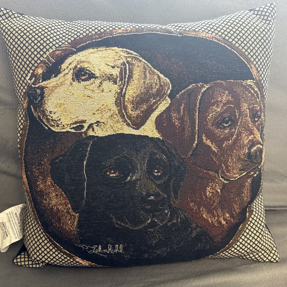 Dog Tapestry Throw Pillow -15" Labrador Retrievers Chocolate, Black, Yellow Lab - Picture 2 of 7